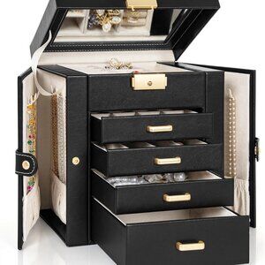 Jewelry Box for Women, Leather Jewelry Organizer with Mirror & Lock, 5-Tier Jewe